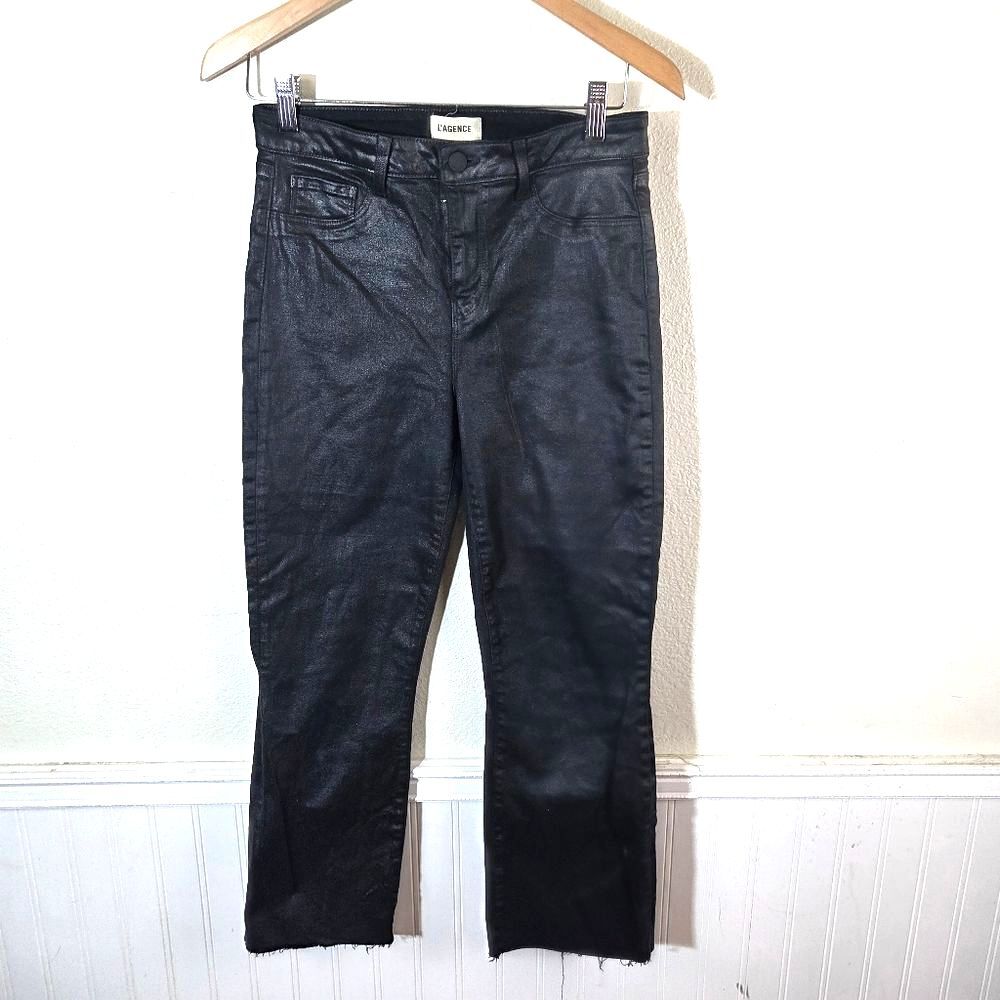 L’AGENCE Kendra Coated Jeans 28 Black High Rise Cropped Flare Shine